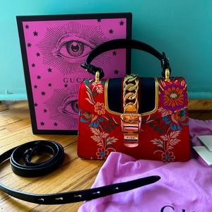 Authentic Gucci Jacquard Floral Mini Sylvie Top Handle Bag